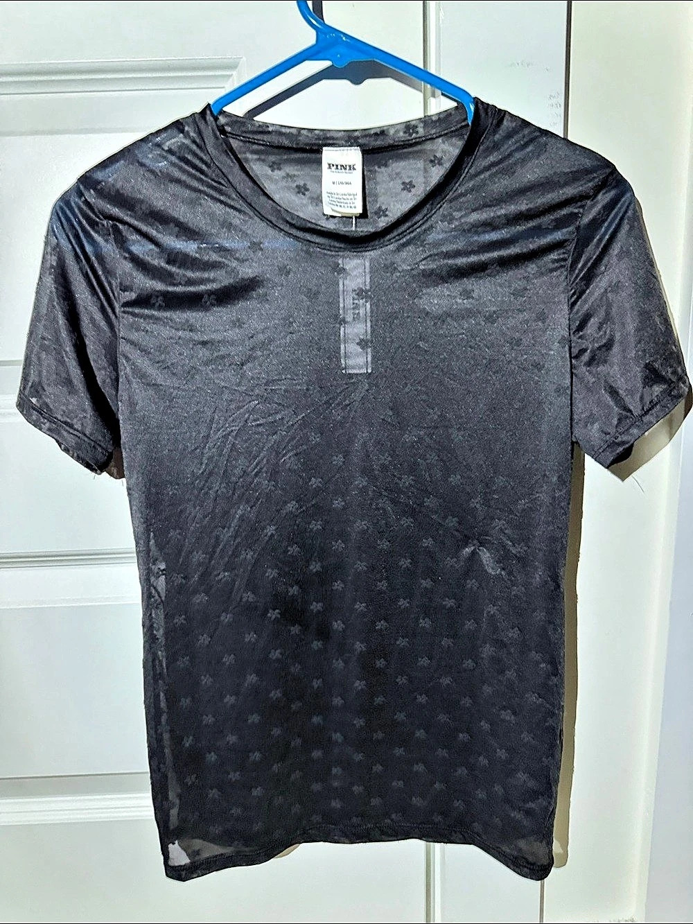 PINK Short Sleeve shear Henley Tee in Black Size Medium NWT